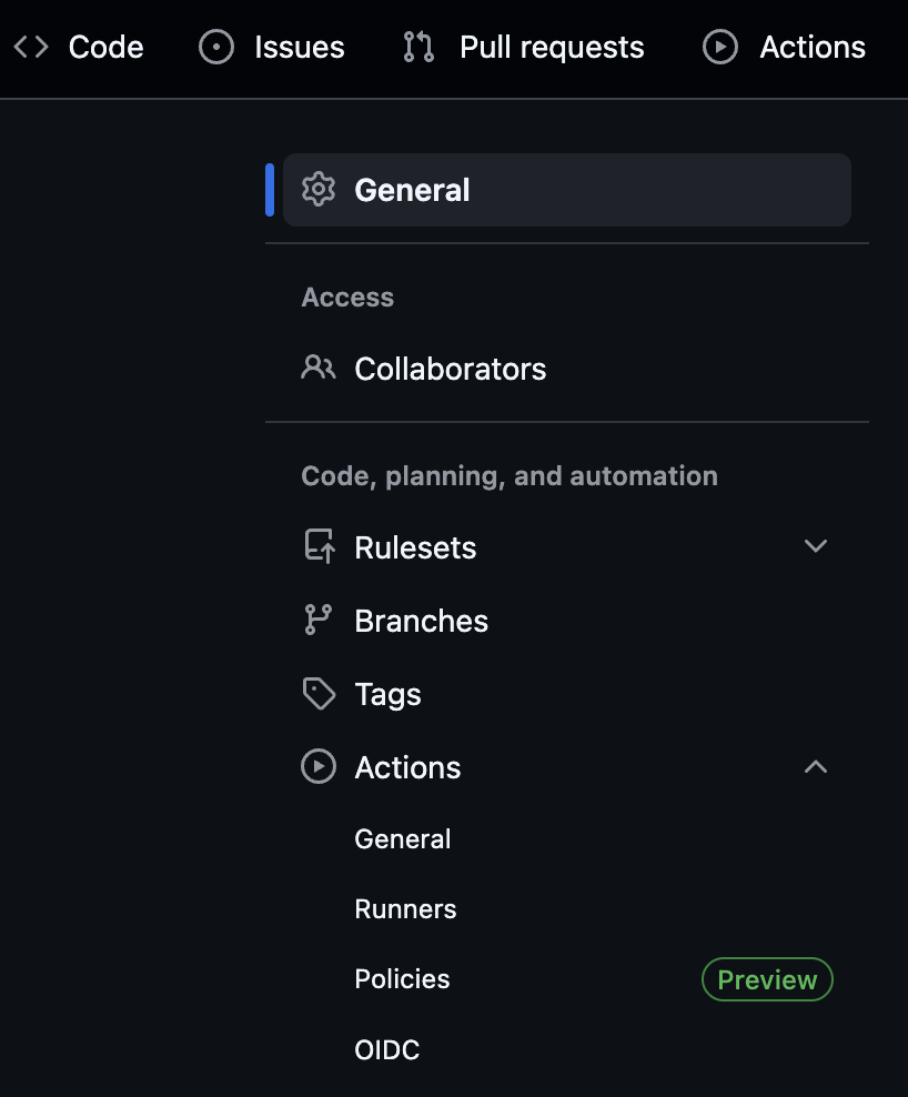 Sidebar de Settings con Actions abierto dentro de Code, planning, and automation