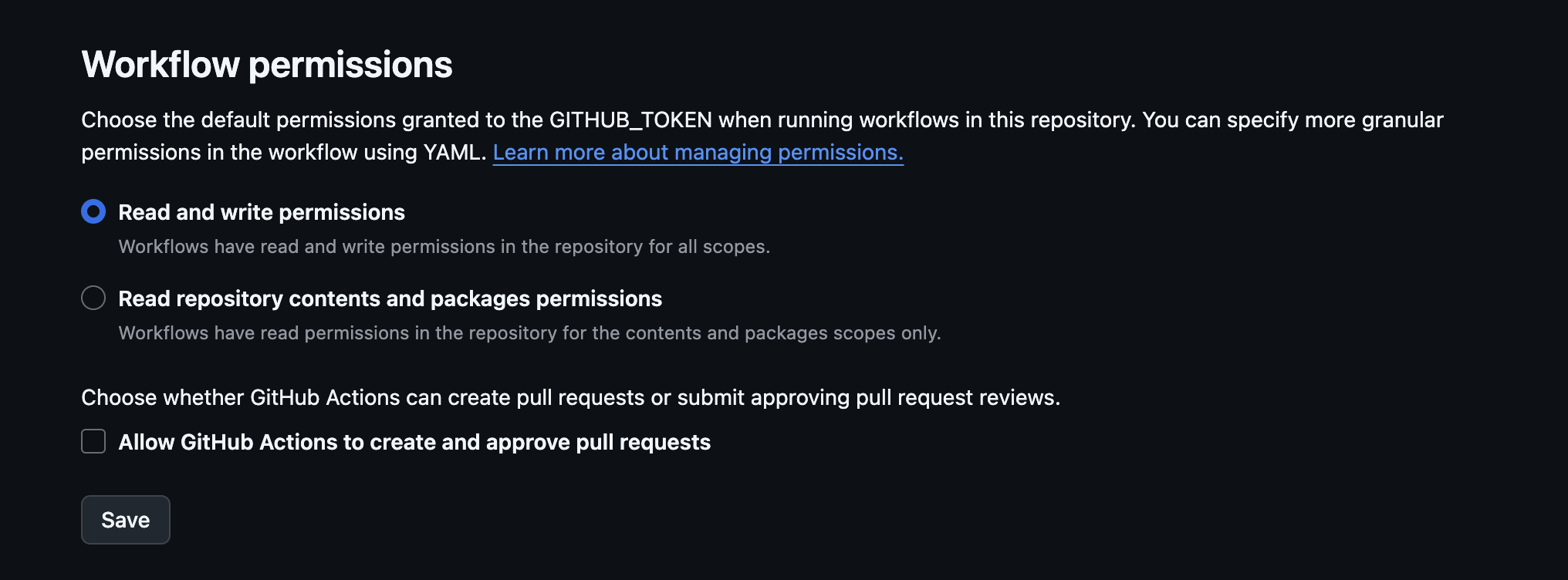 Página Workflow permissions con Read and write permissions marcado