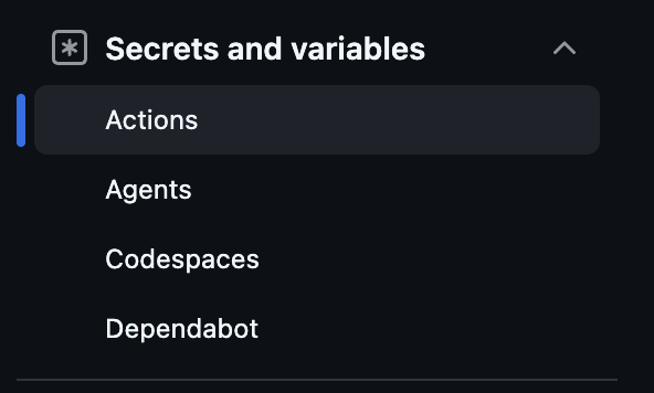 Sidebar de Settings con Secrets and variables → Actions seleccionado