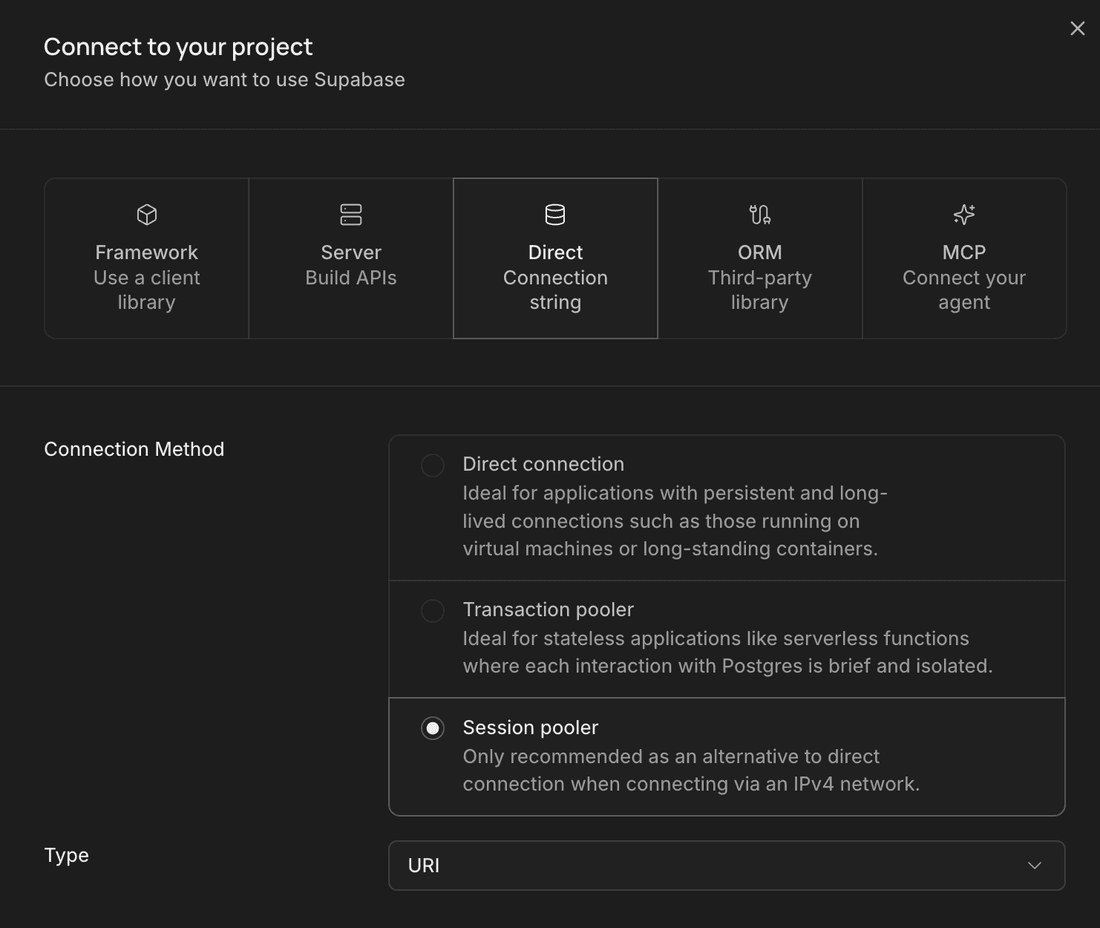 Modal Connect to your project en Supabase con Direct Connection string y Session pooler seleccionados